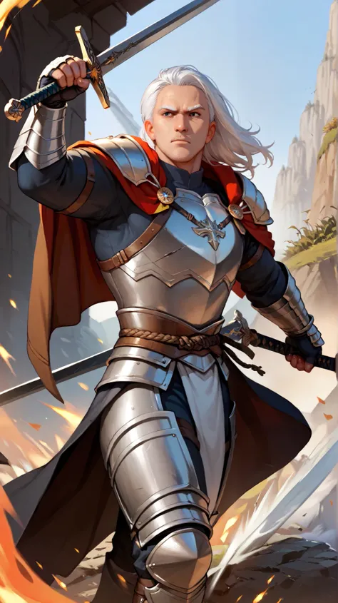 Create a man with big white beards,  long white hair at the age of approximately 80, black-eyed,,  wearing silver armor, fighting with swords against an enemy 