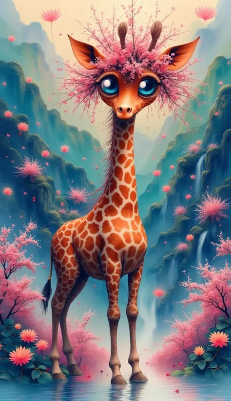 Generate an image of a whimsical psychedelic giraffe, standing in a dreamlike world of swirling colors and abstract patterns. The giraffe's fur is rendered in intricate patterns and bold contrasts, with flowing lines and fluid shapes that add to the magica...