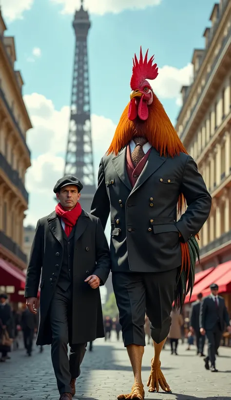 A hyper-realistic full-body shot of a stylish French man wearing a classic beret, a neatly wrapped red scarf, and a well-fitted dark coat, walking confidently. Beside him is a towering, massively muscular anthropomorphic Gallic rooster, dressed in a perfec...