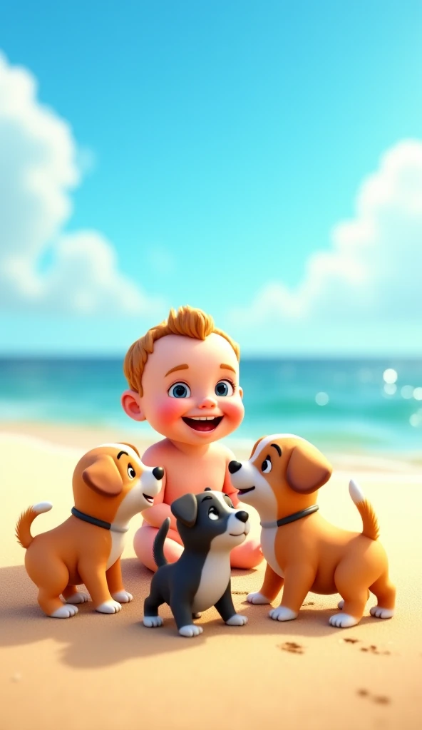 The post is of a baby laughing while being surrounded by four puppies.
The background is a beach with a sea and clouds in the sky.