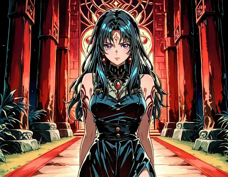 Her long, raven hair cascades over her bare shoulders, framing her captivating features, which are reminiscent of the iconic art style by Ayami Kojima, known for her work on the '90s dark fantasy series "Bible Black". The setting is an eerie blend of tradi...