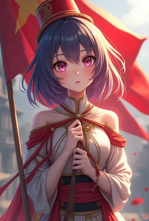 A anime girl holding a Byzantine flag and wearing an fez on her head