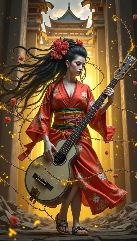 black tension art,unbuilt itils style,cry adorable egyp geisha woman, slightly overweight,drunken with long flowing hair,mesem e rasta yellow,red kimono V-open sakura,extrasize.Chains of thorns swirl around his body in yellow spark effects while holding a ...