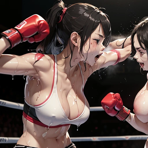 dynamic battle action, they are (((((beating each other's body and face by fist and leg))))) so hard. two (((bloody)))) cute heavy weight Japanese high school student (((girl fighters))) are fighting in the octagon fighting ring of underground arena with a...