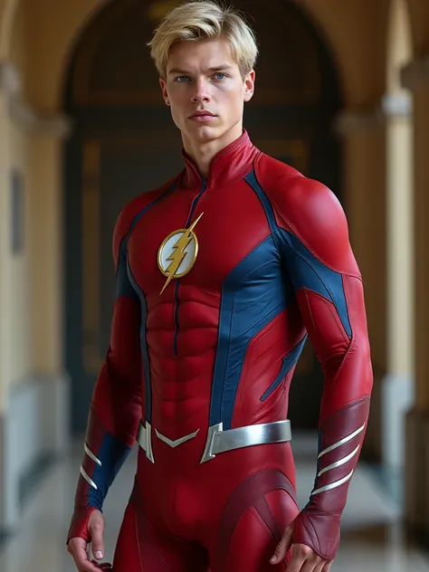 A full body image of  of a seventeen year old blond guy with blue eyes dressed in a stylized red-blue costume,  clearly inspired by the Flash  (Jay Garrick), the DC Comics superhero. The costume features silver details that resemble lightning ,  as the sym...