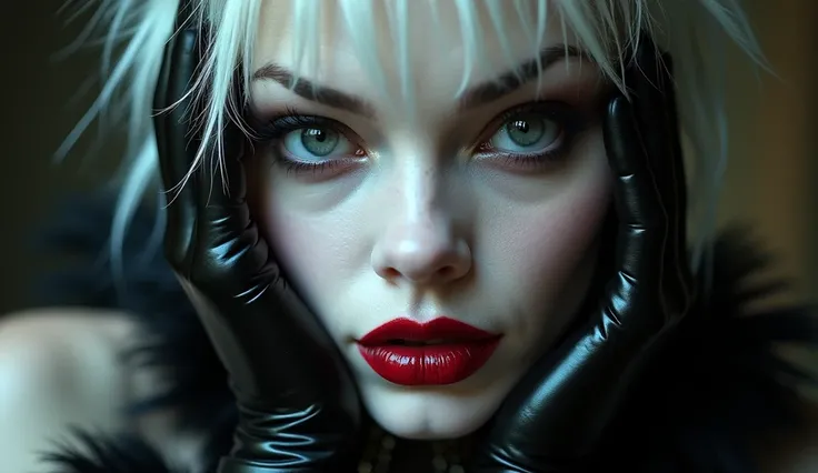 (photorealistic) close-up portrait. A face photo of a Very thin. Cruella de Ville with disheveled black and white hair, a very thin face, pale white skin, very high cheekbones, large full lips, the largest lips, deep mouth, dark plump glossy lips, very bri...