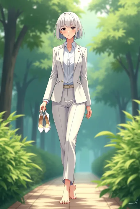 pose casual, caminhando barefoot em garden, shirt, women&#39;s suit, OL,  white pants ,  short white hair, work pants, garden, SECRETARY, white suit, women&#39;s suit, women&#39;s suit, shirt branca, thin white high heels ,  holding delicately shaped heels...