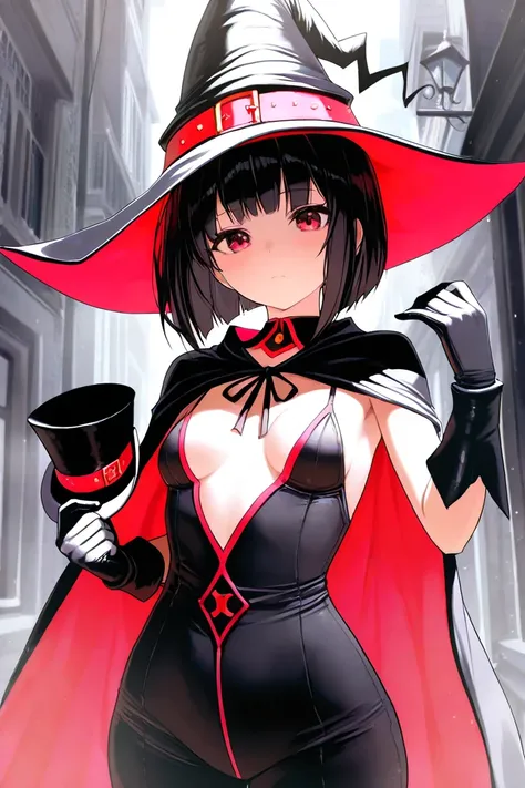 witch girl,((small breasts)), black hair short bob, pointy hat,Cape,(( top quality)), (( Masterpiece)), ( Details),Hold the hat with your left hand,Right hand is par , looking over here ,