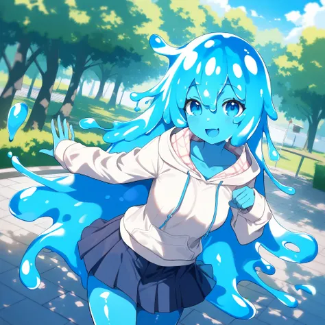 masterpiece, best quality, slime girl, smile, hoodie, skirt, blue skin, slime hair, park