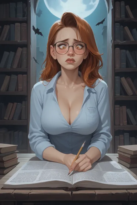 At the end of a dark corridor lies the abandoned forbidden wing of the library. Dust and cobwebs cover the books and shelves in this long forgotten space. At the center of the forbidden wing, a nerdy female librarian sits at a desk illuminated only by the ...