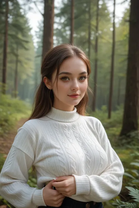 My 23 year old Moldovan sister Ana looks at me in the forest while wearing a white pullover 