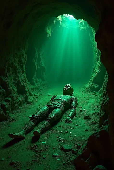 A scene showing an ancient copper mine with an eerie glow from copper veins, casting a faint green light over the mummified , lying undisturbed for centuries. The atmosphere is heavy with mystery, with shadows creeping over the walls