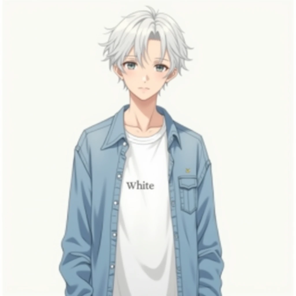 . The man in the anime is ใส่เสื้อยืดสีขาวสวมทับด้วยเสื้อยีนแขนยาว  มีคำว่าwhite  , Short white hair , The ring is on the left finger , 