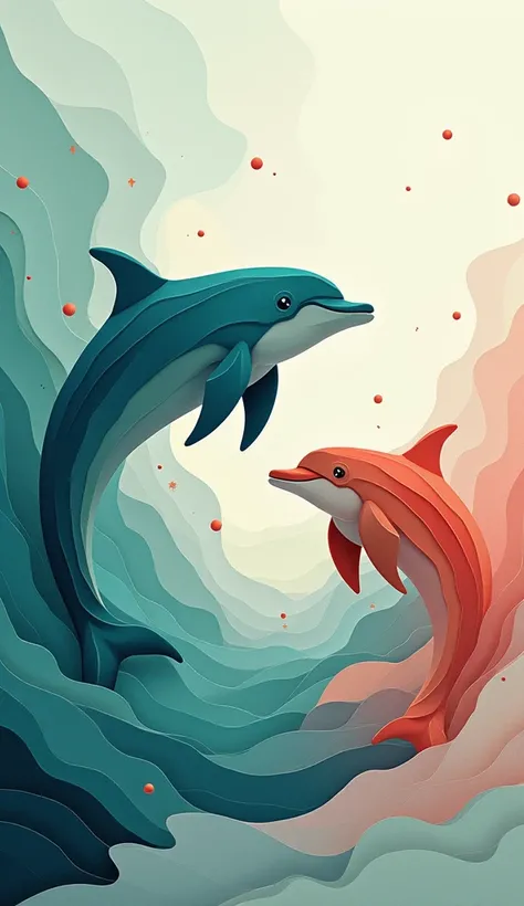 An abstract art piece captures the viewer's attention with two dolphins and layered papercut effect. The teal and coral color scheme adds to the flowing curves and biomorphic forms, with soft gradients that add to the surreal composition.  The aquatic moti...