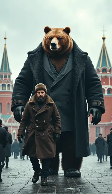 A hyper-realistic full-body shot of a strong Russian man wearing a traditional ushanka hat, a heavy military-style coat, and sturdy boots, walking forward with a determined and serious expression. Beside him is a towering, massively muscular anthropomorphi...