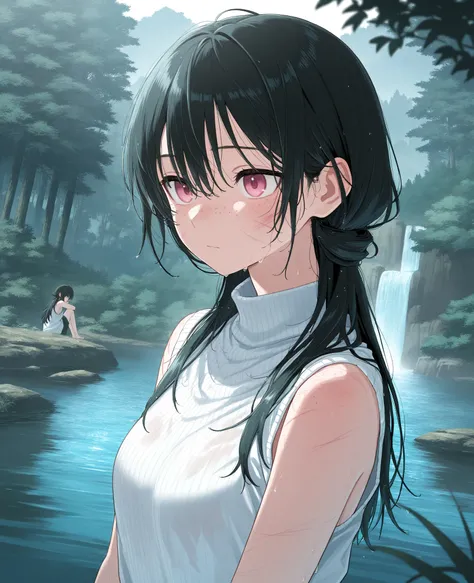 a ,  black hair,  long hair, tied hair,  wet hair,  scratches on her body,  freckles on her cheeks , pink eyes,  white sweater, loose clothing,  sleeveless clothing ,  clothes with ruffles, lake with waterfall,  seria.   forest, afternoon. alone.