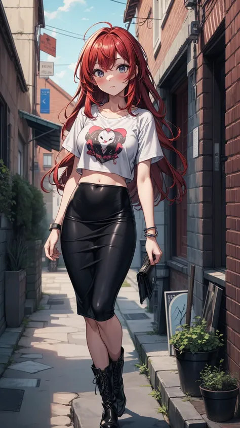 ((masterpiece, best quality:1.3, high detail)), beautiful woman, looking at viewer, long wavy hair, (dark red hair), full-face blush, (gray t-shirt cropped, crop top, graphic tee, loose t-shirt, wrinkled shirt), (long black midi pencil (skirt)), bracelets,...