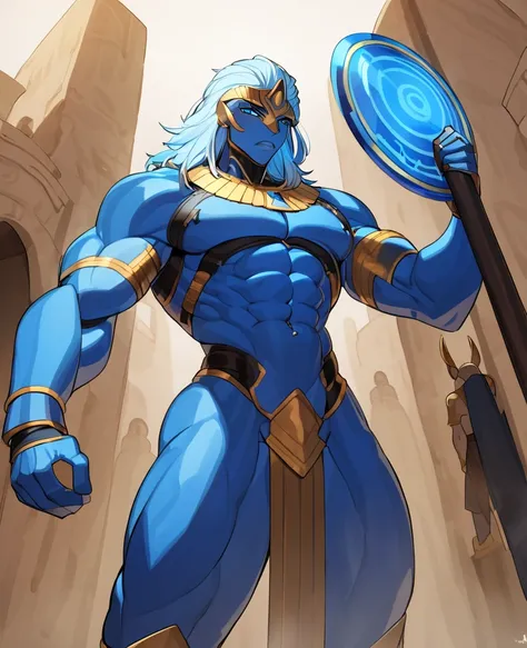 Egyptian warrior, man, blue shield, blue armor, strong physique, light blue hair, 8k high definition