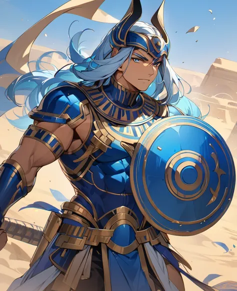 Egyptian warrior, man, blue shield, blue armor, strong physique, light blue hair, 8k high definition