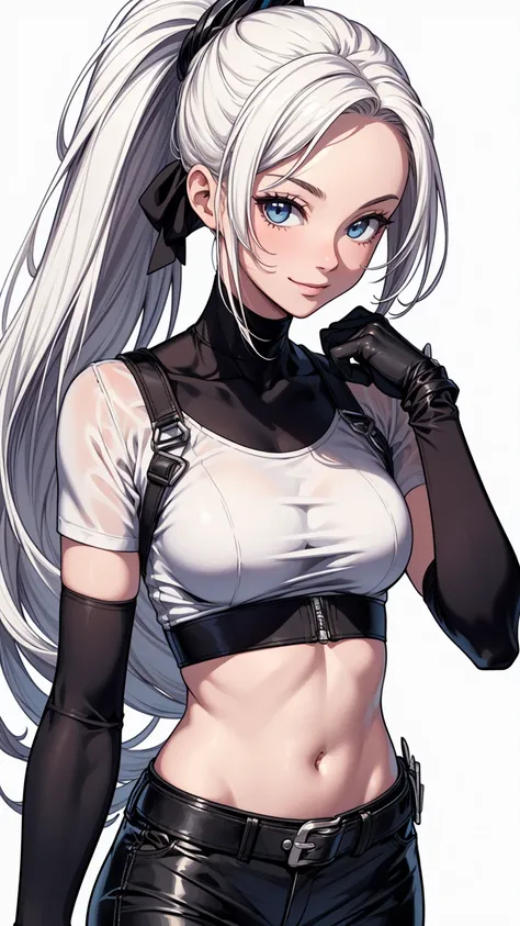 ((masterpiece, best quality:1.3, high detail)), beautiful woman, light smile, (long white hair, ponytail), (white crop top), (pencil skirt:1.1), belt, slim body, black gloves, (realistic), (realism), (ultra detailed), ((lower body)), ((white background))