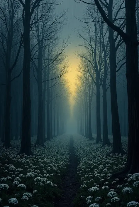 Generate a realistic image of a dark forest in a storm, with some silhouettes of leafless trees, with a faint yellow lighting in the background that illuminates the raindrops, The sky is cloudy and the ground is covered with white flowers that form a path 