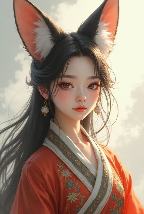 Long hair with a typical Chinese costume, light brown eyes and clear skin and with fox ears.