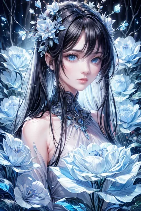 (  best quality ,8k,CG,  detailed upper body  , lonely girl ,Flower set, forest background , Face Detail ,Elegant black long hair , almond blue eyes , fine eye makeup , fluttering long eyelashes , big flashing eyes , twinkling stars , intricate lip detail,...