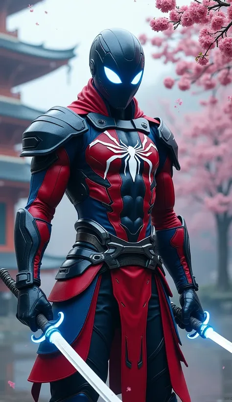 " A futuristic samurai inspired by the superhero aesthetic .  He wears sleek red and blue armor with a cobweb pattern on his chest and arms.  His helmet is a blend of traditional samurai design with a modern spider-motif style mask . This armor is light bu...