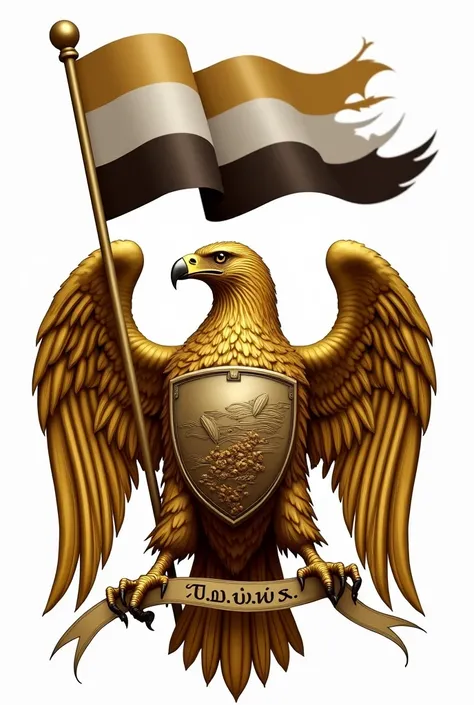  a golden eagle with its paws clutching a ribbon inscribed  (F.uj.S) , and holding the flagpole of Yemen fluttering above it ,  On its chest is a shield depicting coffee berries and the dam of Ma'rib with seven lines of waves beneath it