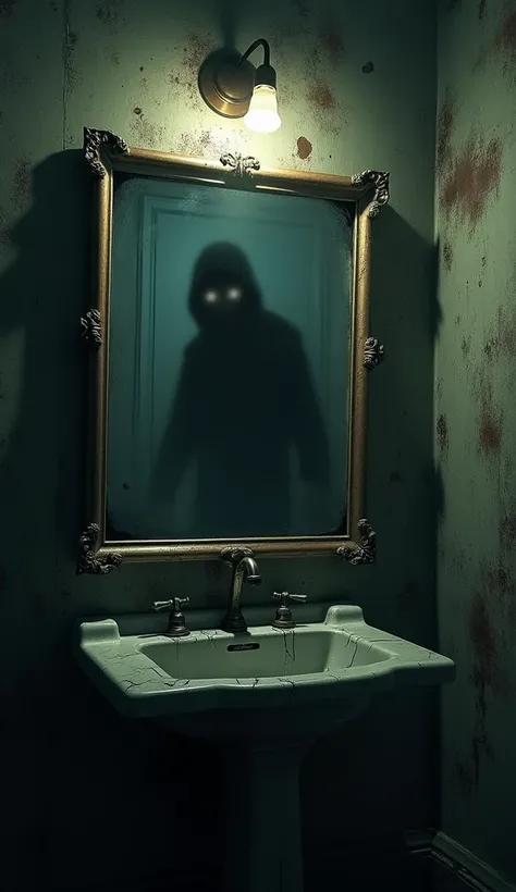 A dark and eerie bathroom with a flickering light, an old faucet dripping water into a sink, and a large mirror reflecting something unnatural.