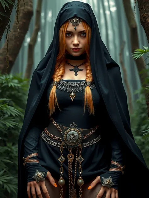 her name is trinity of the matrix, ((1woman, solo, ))stockings, ,long blonde pigtails, ,perfect face, hourglass figure, wide hips, macrame chainmail ,revealing halter top, nun veil, perfect anatomy, wide hips, slightly pudgy, overflowing,  dark elvish here...