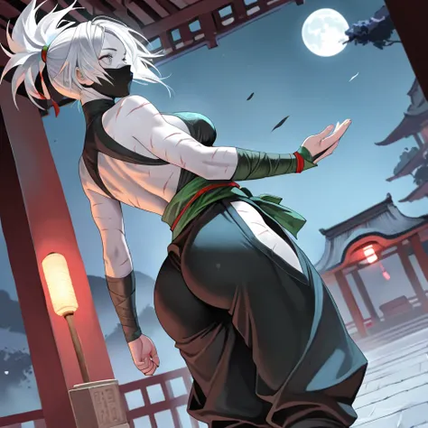 girl, white skin color, medium breasts, big ass, akali hair style, white hair, gray eyes, cut scars all over the body except on the face, defined body, top black ninja showing the belly, white baggy ninja pants, wind power in hands, black ninja mask, full ...