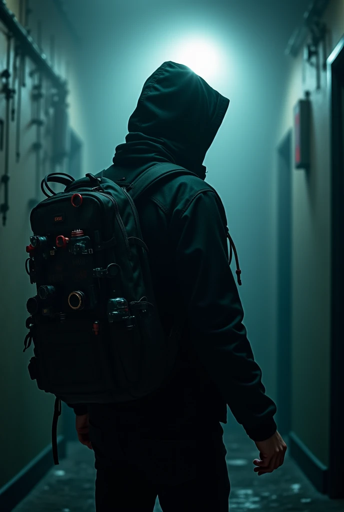  high quality,  8K Ultra HD , ghost hunting, ghost equipment ,male,Black Riding Hood,black jacket,Backpack bag 