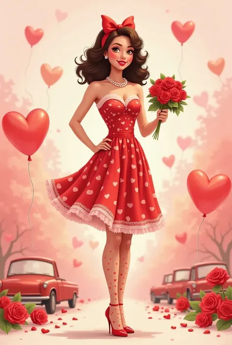 A playful and glamorous lady with dark brown, fluffy hair styled in voluminous curls with a bright red bow, illustrated in a retro Pinup style with a Soft Pastel Impressionism twist. She wears a fitted, heart-patterned dress in shades of crimson red and so...