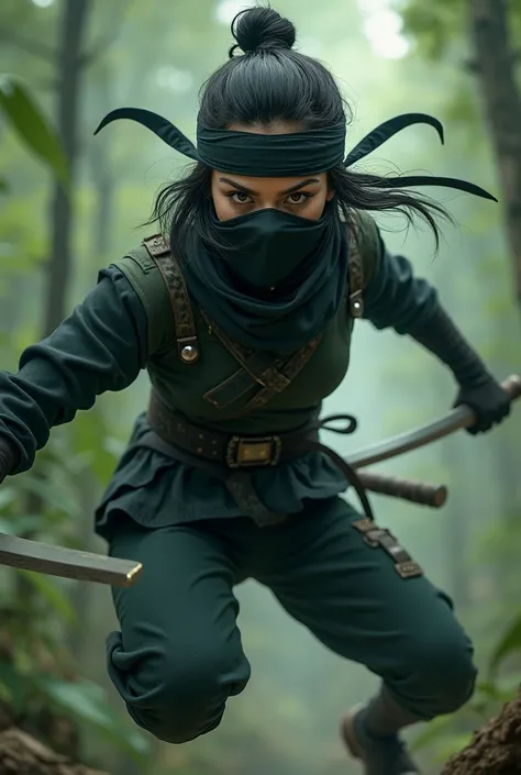 An image of a renegade ninja from Aldeia da Folha with a headband around her neck 