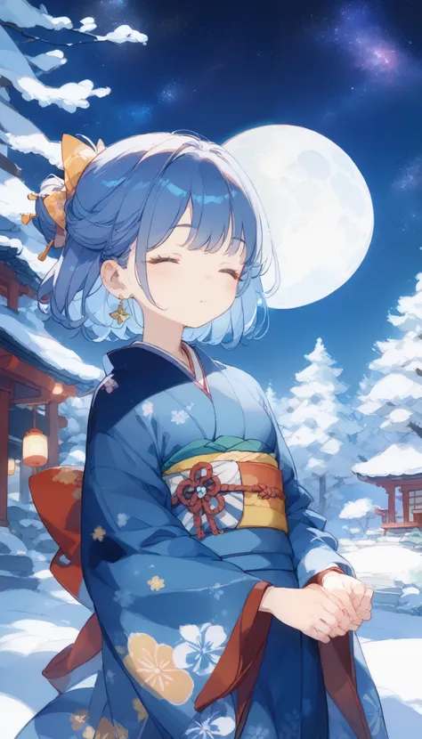  watercolor、 pale shade、 beautiful color、 Spend the daytime  、 kimono、A girl in Japanese clothes、 Cowboy Shots、 GIRL WITH CLOSED EYES 、 cute girls、Snowy Night、 beautiful starry sky、full moon