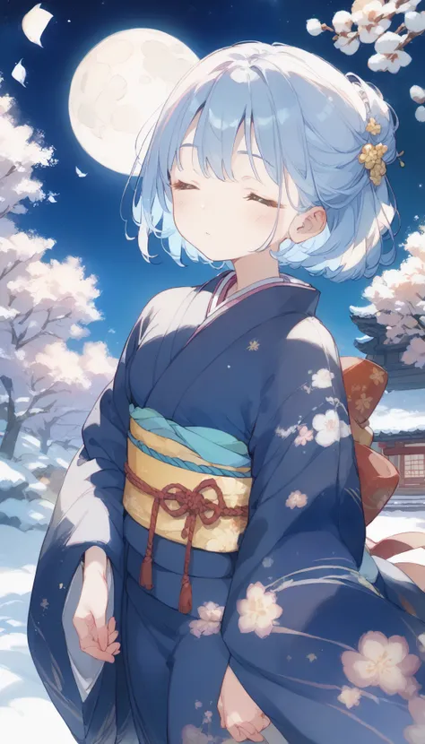 watercolor、 pale shade、 beautiful color、 Spend the daytime 、 kimono、A girl in Japanese clothes、 Cowboy Shots、 GIRL WITH CLOSED EYES 、 cute girls、Snowy Night、 beautiful starry sky、full moon