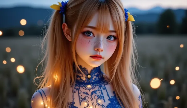 an adult elf girl dressed in glowing beautiful transparent blue clothes she has golden stockings on her legs her eyes are blue. The girl has glowing red tattoos on her leg, the girl is standing on the night field around the girl, golden fireflies fly and h...