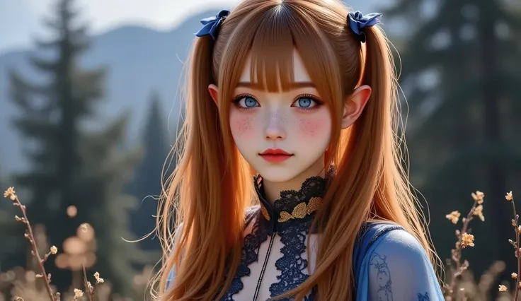 an adult elf girl dressed in glowing beautiful transparent blue clothes she has golden stockings on her legs her eyes are blue. The girl has glowing red tattoos on her leg, the girl is standing on the night field around the girl, golden fireflies fly and h...