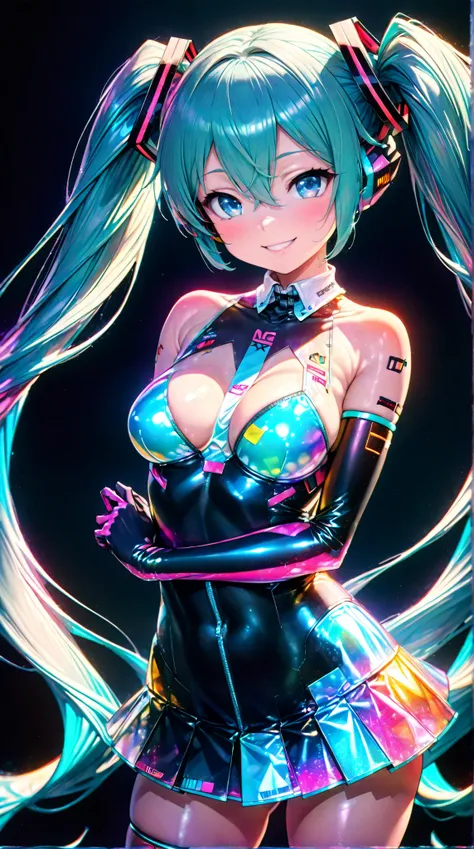 From Side、横からの視点
光沢のあるサイバーパンクの未来的な衣装を着た Hatsune Miku
ホログラフィー,  in neon colors,  Beautiful Holographic _ With Cybergirl,  Neon Hologram Suit ,  Shiny Cyberpunk Futuristic Breathing Outfit , (( Hatsune Miku,  light blue eyes,  aqua hair, bangs, whole body,  ...