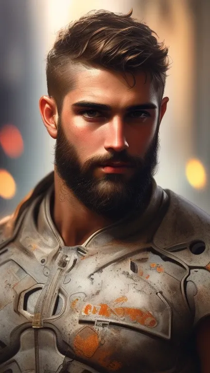 Portrait of a muscular bearded guy in a shabby mechanical suit, ((bokeh claro)), intricate, (steel metal [Rust]), elegant, sharp focus,  photo by Greg Rutkowski,  soft lighting ,  vibrant colors, ( masterpiece), ((streets)), ( detailed face:1.1)