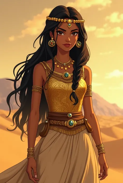 Nazeera is an enigmatic figure ,  with golden brown skin and amber eyes that shine like the sun on the dunes . Her hair is black like desert night and falls into braids adorned with gold beads and sapphires.  She wears a gold breastplate with scarab detail...