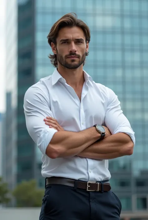       Portrait of a handsome and athletic man .  Semi-long slightly wavy hair, 27 years old . Shirt and dress pants   .    arms crossed.   ,   skyscraper  