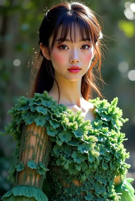 Photorealistic, master class digital painting, oil digital painting, hard lighting, A beautiful woman wears a multi-layered  green floral round neck dress with long sleeves  made of crystal flowers and garnet rubies, very detailed, unique, impressive, wavy...