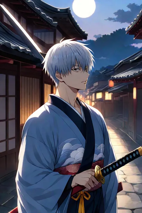 male,Gray Hair,Gintama,Silver hour,I have a wooden sword, kimono,Japanese clothing,Alone, anime characters