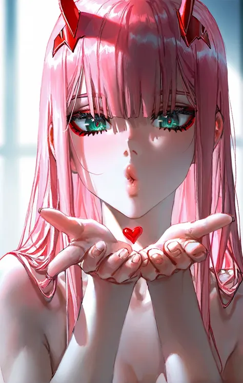 masterpiece, [(piaki:0.35),quasarcake:0.25,wlop:0.33,sakimichan:0.21]  best quality, very detailed, 
1 girl, zero_two_(darling_in_the_franxx) , 
indoor, bedroom, (upper body:1.5), breast,
Close-up, mouth focus, very close-up, looking at viewer, 
blowing ki...