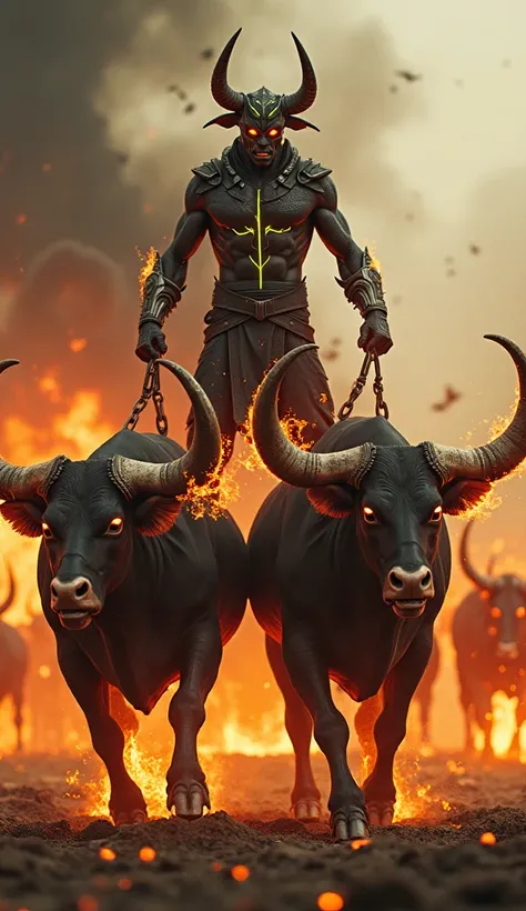 Hyperrealistic, cinematic 8K scene of a muscular humanoid alien warrior standing triumphantly atop two raging bulls, their massive horns engulfed in swirling crimson flames. The alien has obsidian-black, scale-like skin with glowing neon-green veins, fiery...