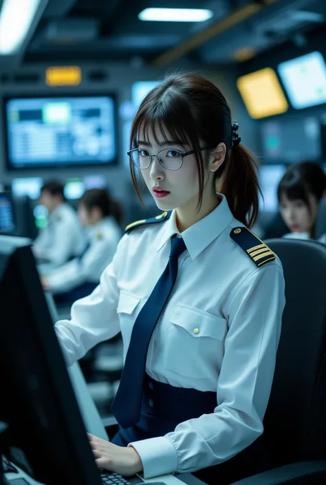 Sexy beautiful Japanese woman, a self defense officer uniform, wearing a white long-sleeved shirts, navy blue tie, navy blue pencil skirt, woman wearing glasses, Woman is wearing a head microphone and talking, woman is operating a PC while looking at a mon...