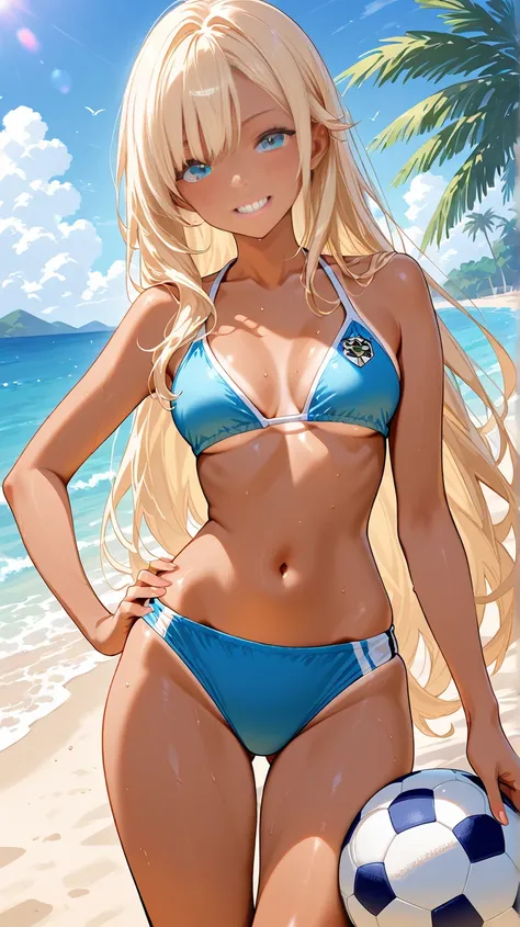 Smiling cheerful suntanned highschool soccer player girl with very long down loose blonde hair down to her hips and blue eyes playing soccer on the beach on a hot sunny summer day 