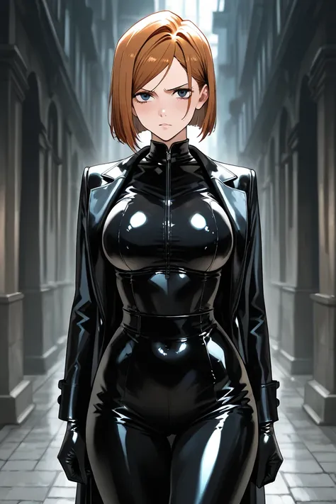 Nobara Kugisaki hypnotized with a black latex coat, having just corrupted her mind